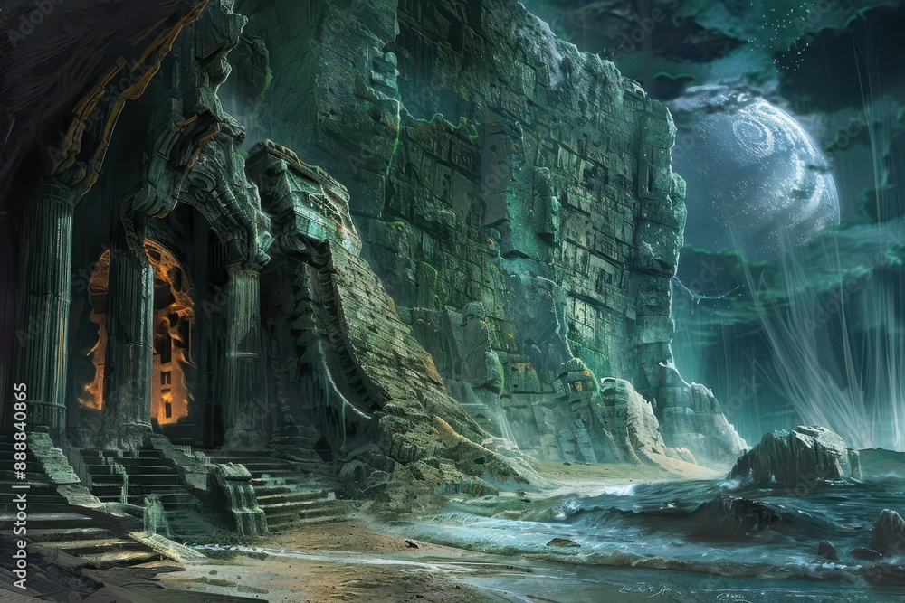Ancient temple ruins by the moonlit sea Ancient temple ruins by the moonlit sea
