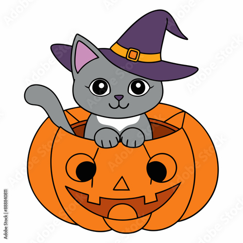 Vector illustration of a cute cat in a witch's hat inside a carved pumpkin with Halloween decorations on a white background for Cat Day photo