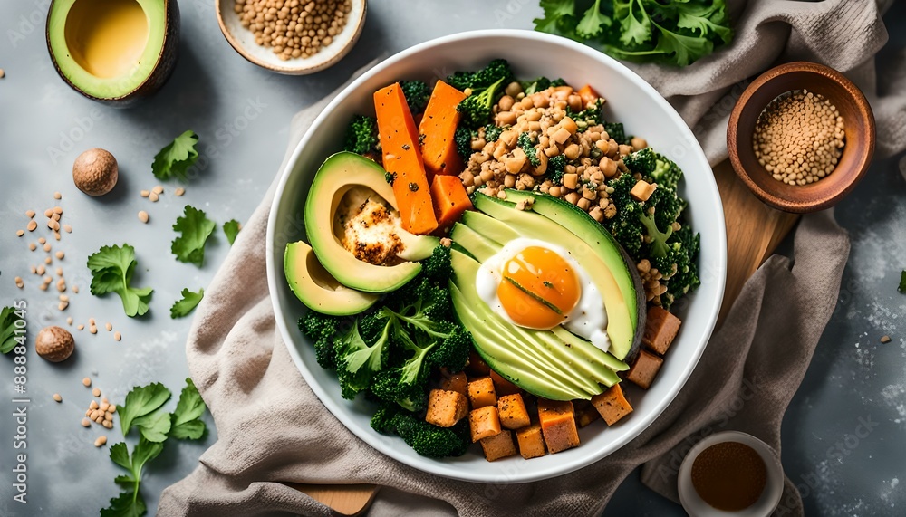 Baked vegetables, avocado, tofu and buckwheat buddha bowl. Vegan lunch salad with kale, baked sweet potato, tofu, buckwheat and avocado in a white bowl. Vegan concept.
Baked vegetables, avocado, tofu and buckwheat buddha bowl. Vegan lunch salad with kale, baked sweet potato, tofu, buckwheat and avocado in a white bowl. Vegan concept.