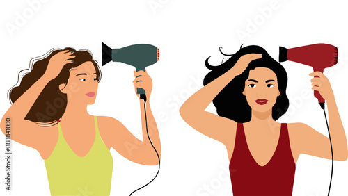 two women blonde and brunette drying long hair with hair dryer. Vector color stickers with people and household appliances