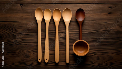 wooden spoons and bowl on wooden background, Brown wooden bowl and spoon on wooden background, Kitchen utensil made of wood on a wooden table