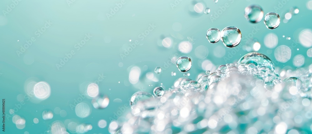 A collection of bubbles hovering above a blue-green backdrop with a gentle light blue sky in the distance A collection of bubbles hovering above a blue-green backdrop with a gentle light blue sky in the distance