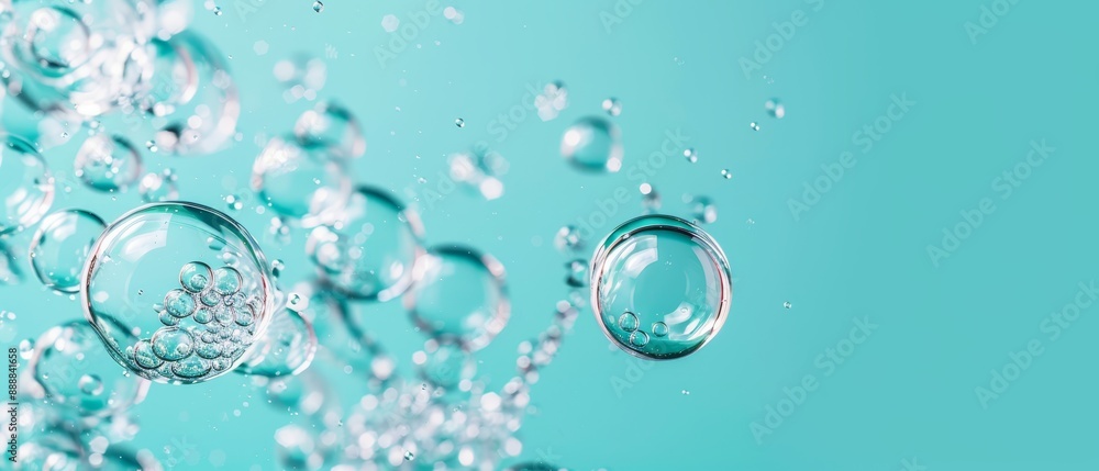 A collection of bubbles drifting in the sky against a backdrop of blue and green One bubble drips a droplet of water A collection of bubbles drifting in the sky against a backdrop of blue and green One bubble drips a droplet of water