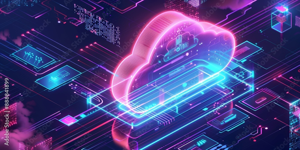 Glowing neon pink cloud data storage technology on a dark blue circuit board background Glowing neon pink cloud data storage technology on a dark blue circuit board background