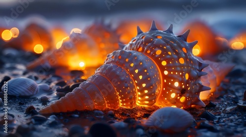 Fototapeta Naklejka Na Ścianę i Meble -  A shell with a hole in the middle is lit up with a light