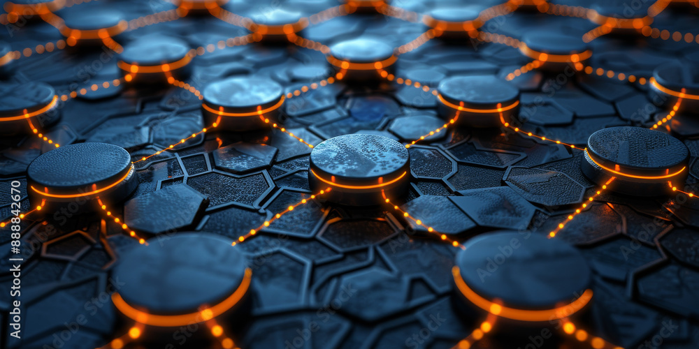 Obraz premium Abstract network connections with glowing dots and lines on a dark blue background, concept of digital technology, modern design template. 3D Rendering
