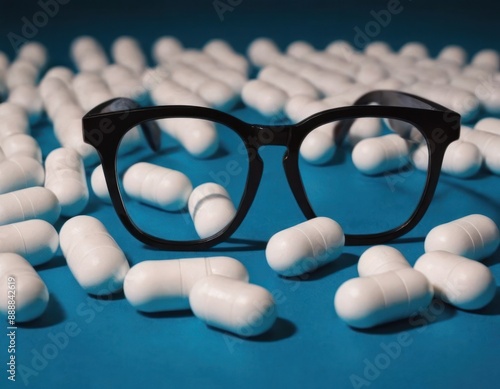Black Glasses Surrounded by White Capsules Against a Blue Background