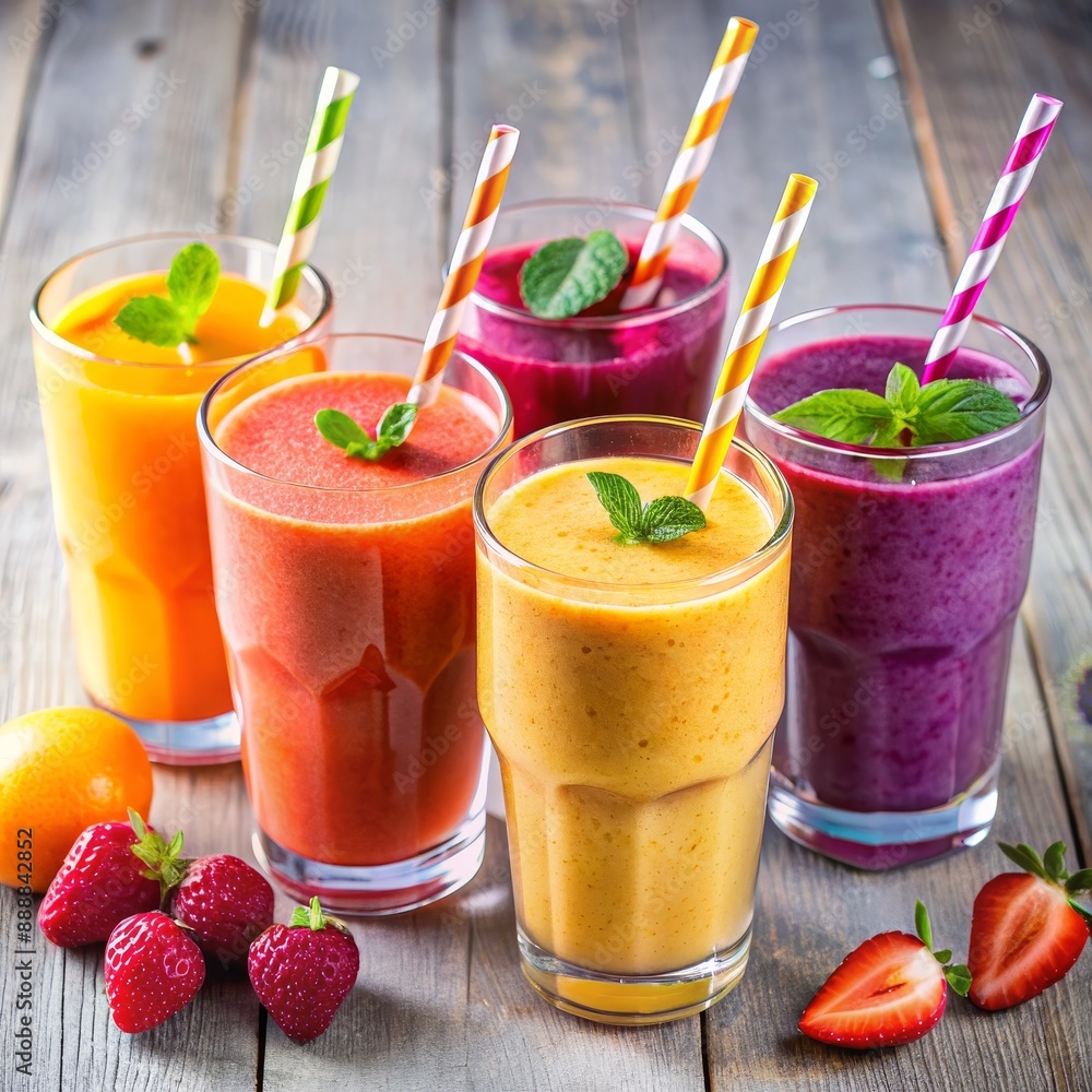 Colorful Smoothies with Mint and Straws on Wooden Background, fruit, smoothie, drink, beverage , healthy Colorful Smoothies with Mint and Straws on Wooden Background, fruit, smoothie, drink, beverage , healthy