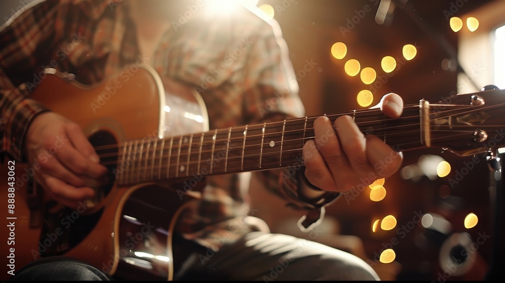 Obraz premium A close-up shot of a person playing an acoustic guitar in a warm, rustic setting with soft lighting and bokeh background, creating a cozy ambiance.