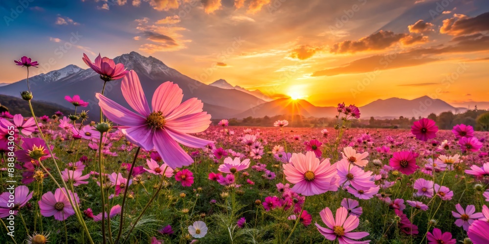 Cosmos Bloom at Sunset with Mountain View, sunset, flowers, landscape, mountains Cosmos Bloom at Sunset with Mountain View, sunset, flowers, landscape, mountains