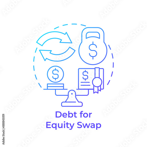 Debt for equity swap blue gradient concept icon. Debt settlement, exchange. Financial restructuring. Round shape line illustration. Abstract idea. Graphic design. Easy to use in infographic