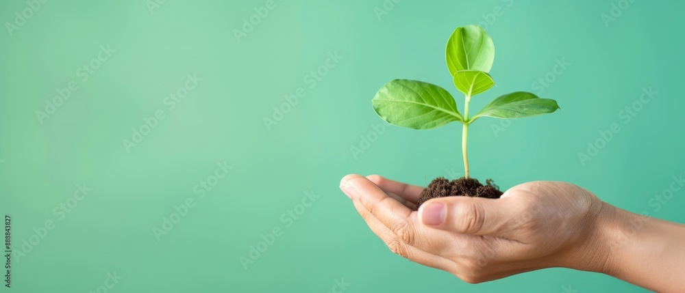 Person's hand holding a tiny green plant over earthy dirt against a matching green backdrop Person's hand holding a tiny green plant over earthy dirt against a matching green backdrop