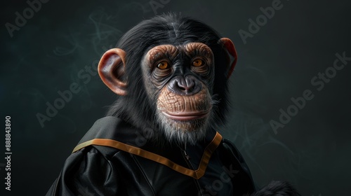 A close-up portrait of a chimpanzee in a black robe with a golden trim, looking directly at the camera with a thoughtful expression.