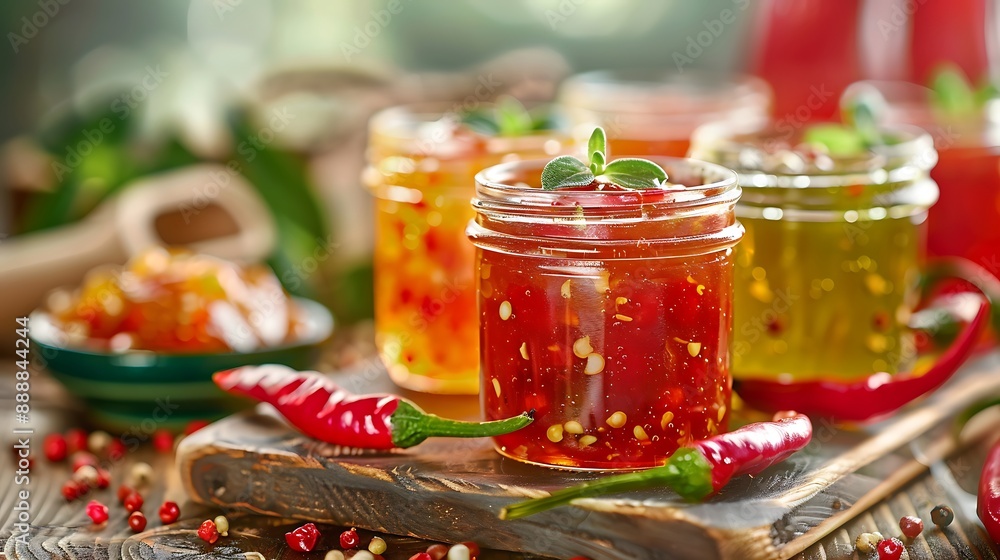 Glass containers with chili the jelly and pepper jelly