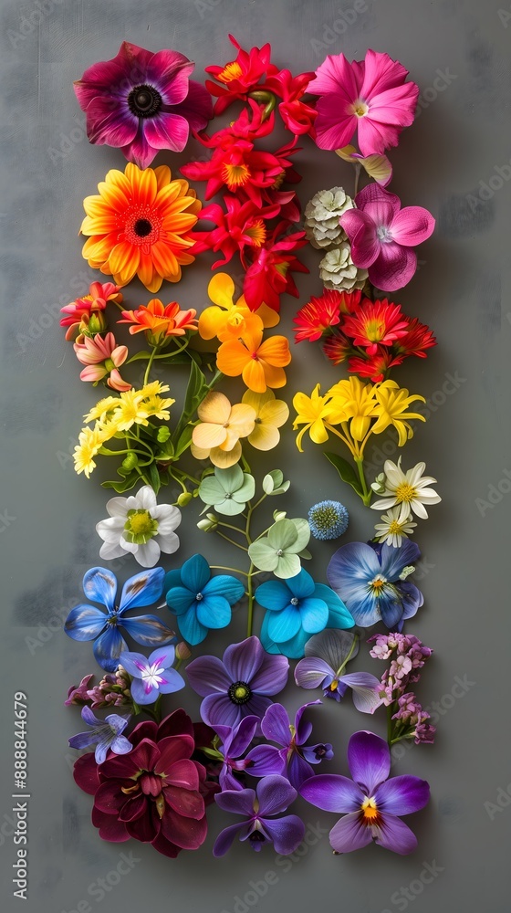 top-down photograph of cut blossoms arranged in chromatic rainbow color order on a sleek grey background top-down photograph of cut blossoms arranged in chromatic rainbow color order on a sleek grey background