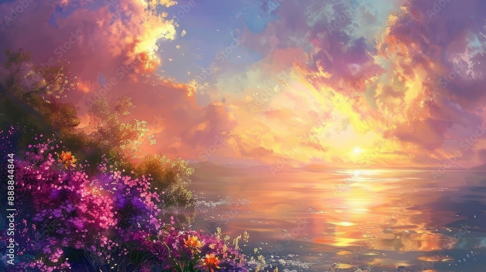 Colorful sky over river small flowers contrasting Colorful sky over river small flowers contrasting