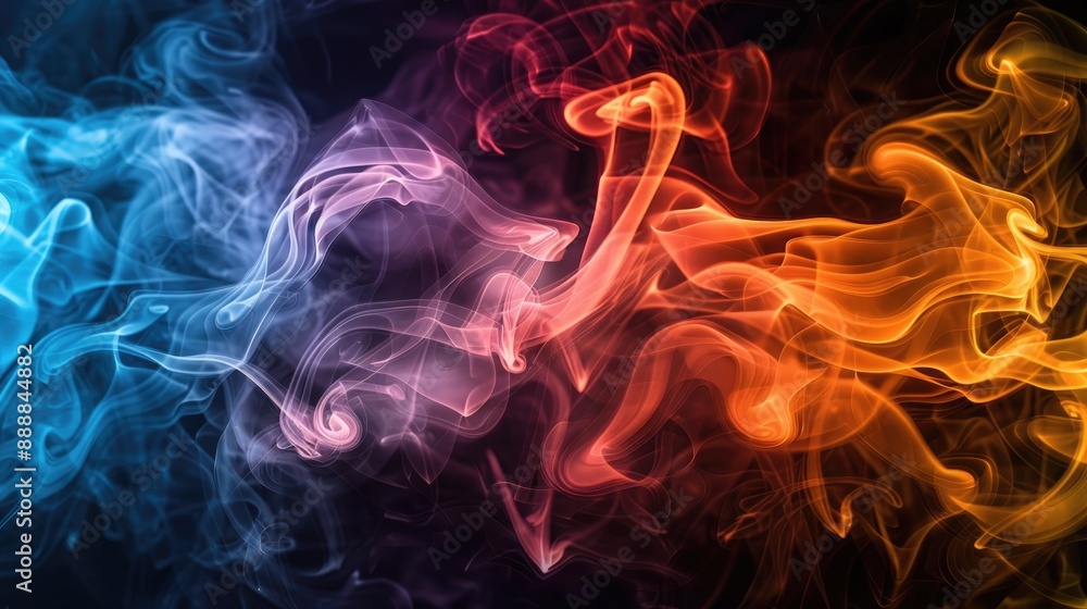 Fototapeta premium Colorful swirling smoke patterns with flames on black background