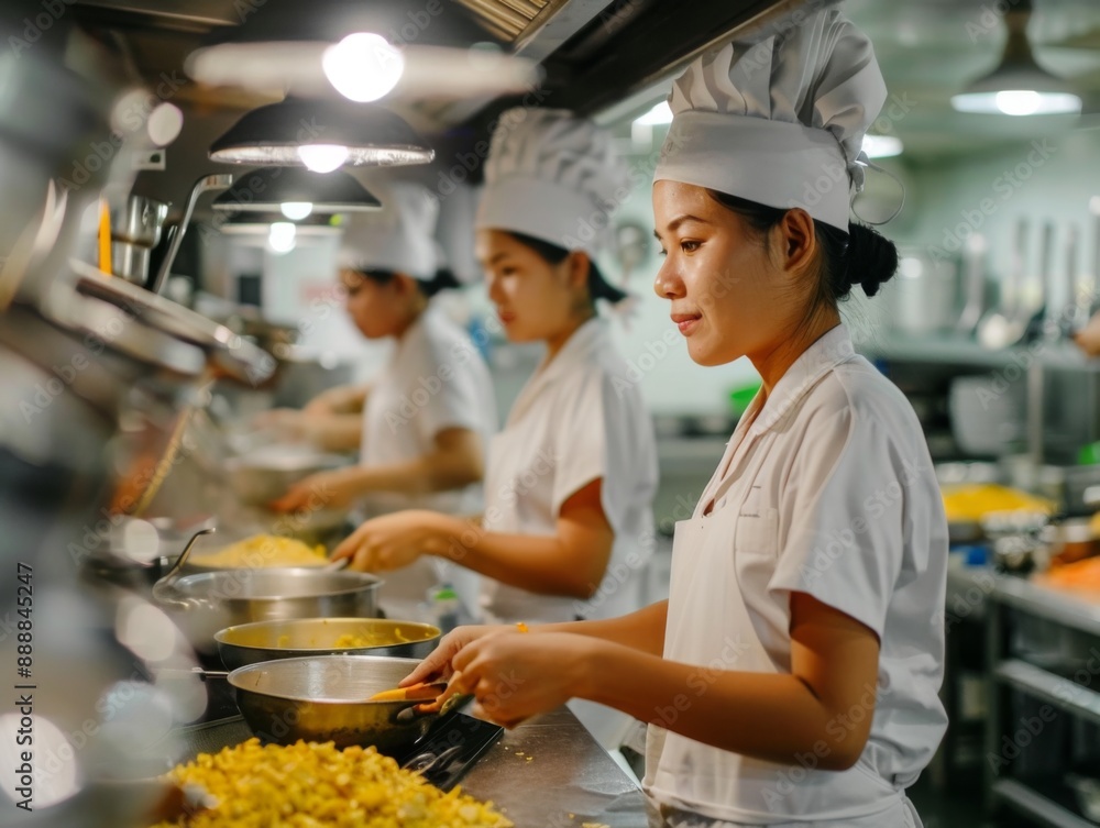 A group of Filipino female employees wearing uniforms working in the kitchen are learning to cook through education and training A group of Filipino female employees wearing uniforms working in the kitchen are learning to cook through education and training