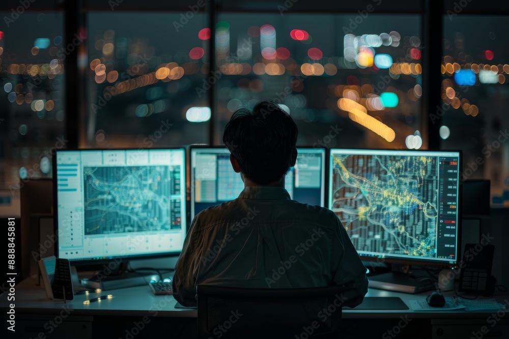 Man analyzing complex data on multiple computer screens in a dark room with a cityscape at night Man analyzing complex data on multiple computer screens in a dark room with a cityscape at night