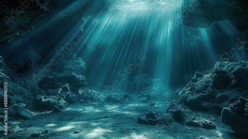 Sunlight beams through the water, illuminating a rocky underwater landscape.