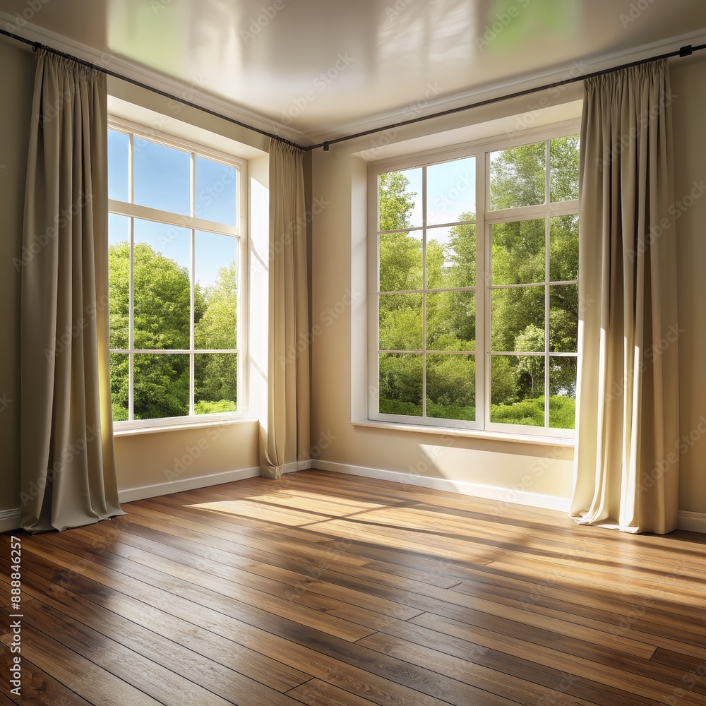 Fototapeta premium Sunlit Room with Wood Floor and Two Windows, interior design, home decor, natural light, windows