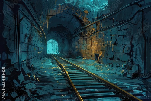 Mysterious and eerie railroad tunnel with glowing blue light
