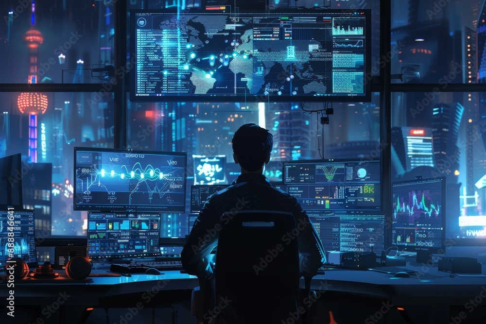 Cyberpunk Hacker in Futuristic Cityscape Overseeing Global Networks Cyberpunk Hacker in Futuristic Cityscape Overseeing Global Networks