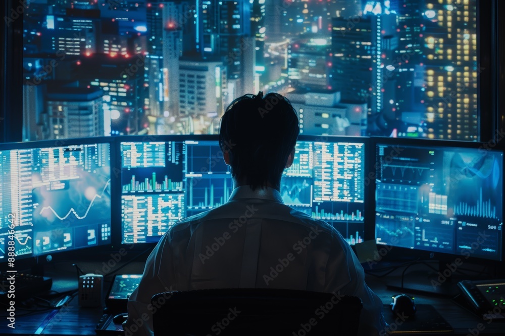 Male stock trader analyzing market data on multiple computer screens in a dark room with a cityscape view at night Male stock trader analyzing market data on multiple computer screens in a dark room with a cityscape view at night