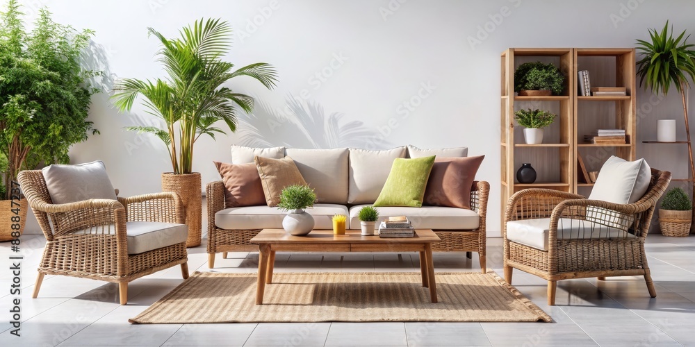 Wicker Sofa and Chairs with Cushions and Plants in a Sunny Room, wicker furniture, outdoor living, patio decor, garden design Wicker Sofa and Chairs with Cushions and Plants in a Sunny Room, wicker furniture, outdoor living, patio decor, garden design