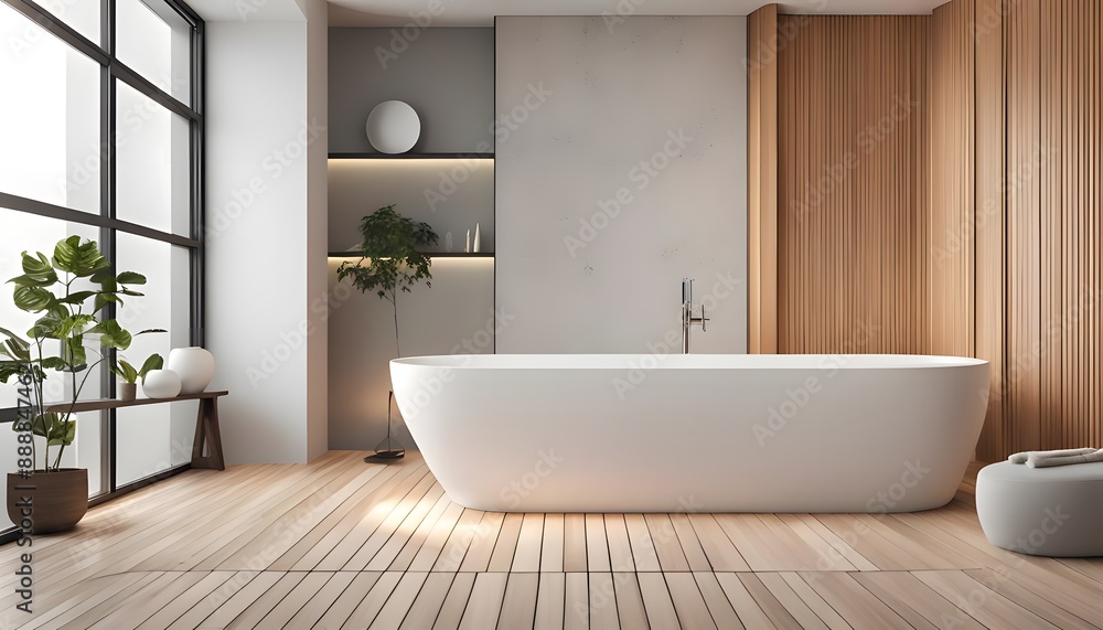 Bathroom inside a small house with bathtub and shelves Bathroom inside a small house with bathtub and shelves