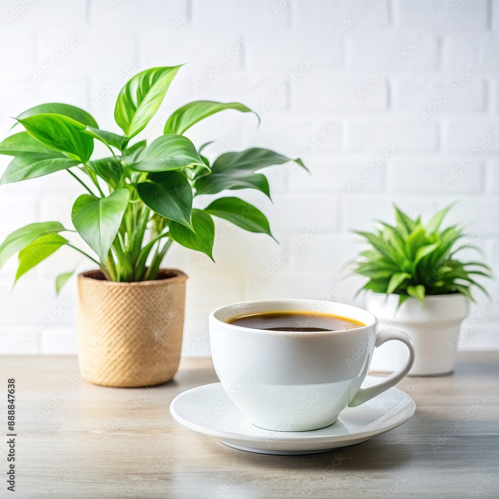 A Cup of Coffee with Greenery, White Background, Plant Pot, White Ceramic Cup , coffee , greenery , ceramic A Cup of Coffee with Greenery, White Background, Plant Pot, White Ceramic Cup , coffee , greenery , ceramic