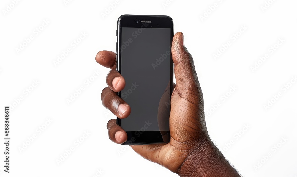 Hand holding smartphone, new cellphone mockup isolated on white background, african american man, black, Generative AI
