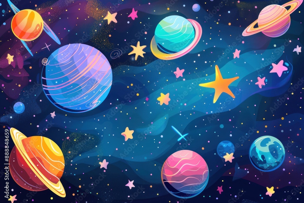Colorful Planets and Stars in a Cosmic Scene Colorful Planets and Stars in a Cosmic Scene