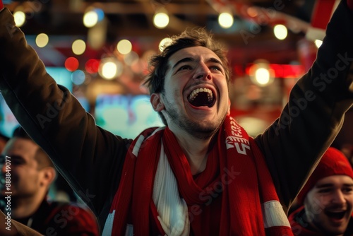 Passionate fans celebrate in sports bar, cheering on team as large screen displays event logo. Caucasian man wearing red jersey, striped scarf stands out among crowd, arms raised in excitement.