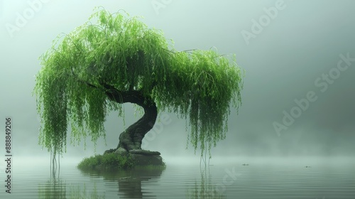 Graceful willow bonsai tree with drooping branches in a misty swamp