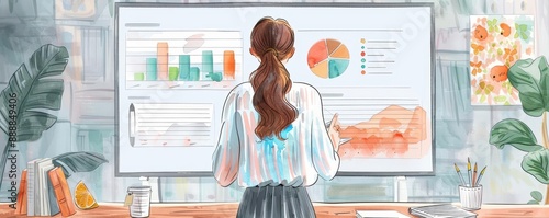 Business meeting, professional woman presenting, large screen display, Watercolor style