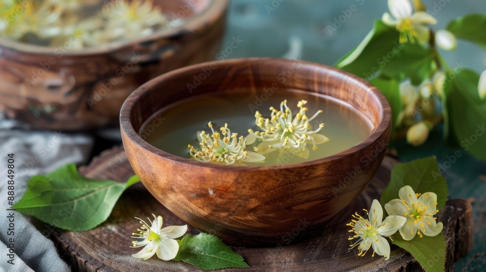 Herbal tea with linden blooms in a wooden cup Herbal tea with linden blooms in a wooden cup