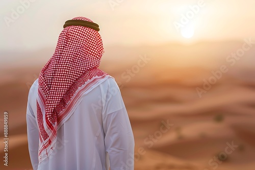 Saudi Gulf Arab man wearing a traditional white thobe and red shemagh, standing in the desert during the day, sunlight, blurred background.