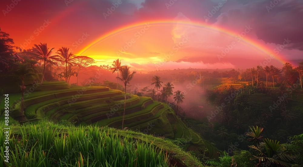 Obraz premium Breathtaking Rainbow Over Lush Green Rice Terraces In Bali Indonesia