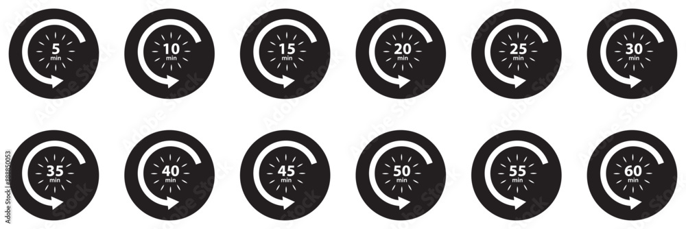 10, 15, 20, 25, 30, 35, 40, 45, 50 min, Timer, clock, stopwatch isolated set icons. Great design for any purposes.  Timer  logo. vector illustration .EPS 10