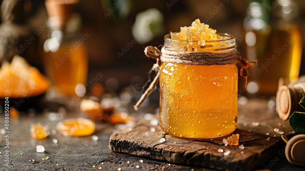 In a historic jar caramelized sugar with bright orange jelly
