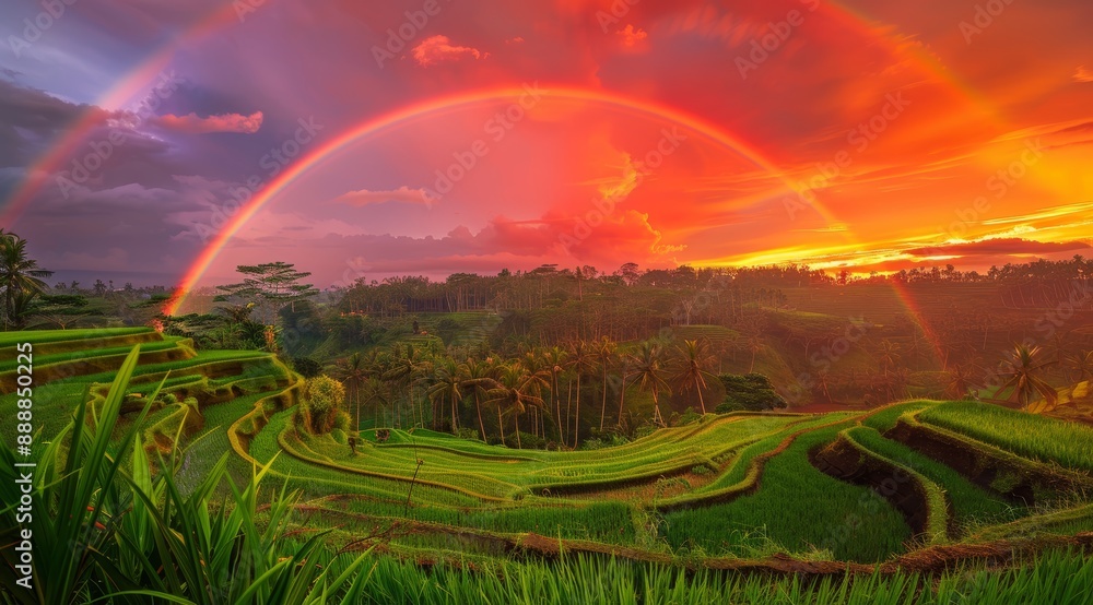 Obraz premium Breathtaking Rainbow Over Lush Green Rice Terraces At Sunset
