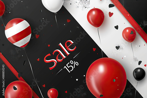 Elegant 15% sale announcement with red and white balloons and abstract elements on a black background photo