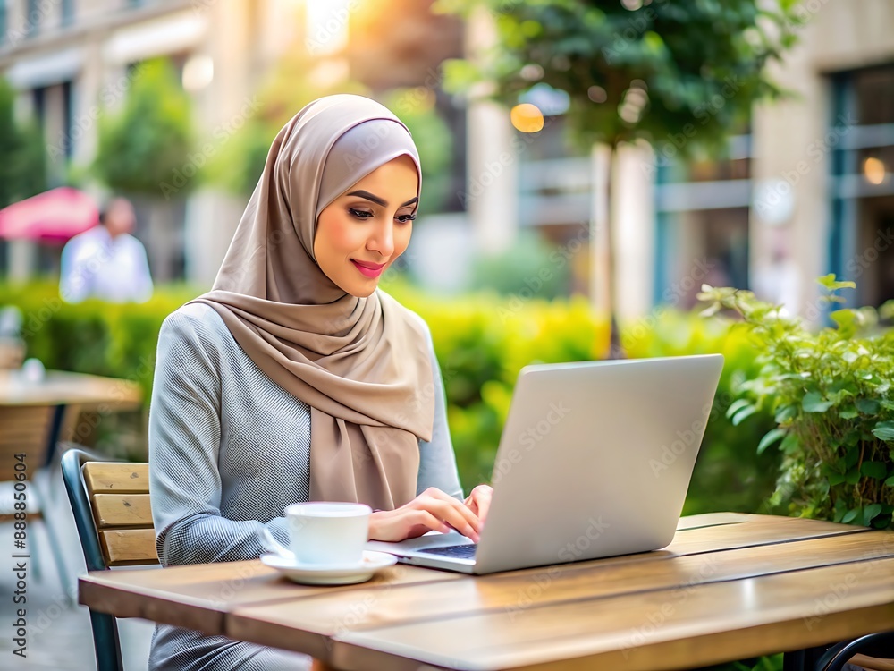 Muslim woman working on laptop in cafe. Muslim woman working on laptop in cafe.