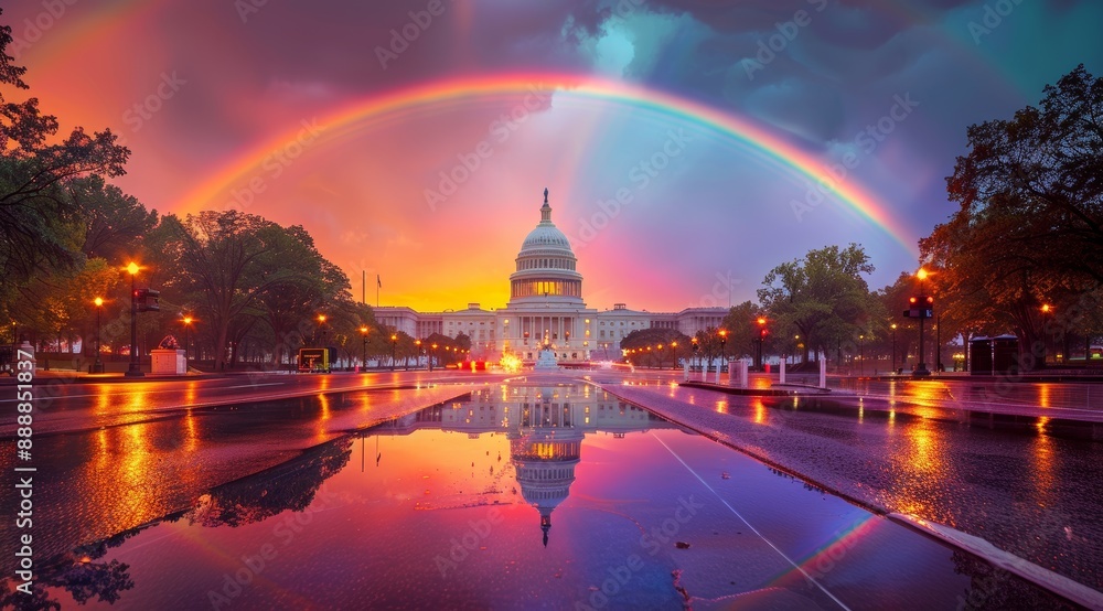 Obraz premium Rainbow Over the Capitol Reflecting in Water at Dusk