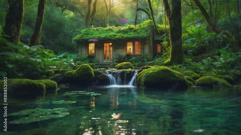 A small hut covered with moss on the roof, in the middle of a forest with large trees, with a courtyard adorned by a river and a waterfall, seamless looping 4k animation video background A small hut covered with moss on the roof, in the middle of a forest with large trees, with a courtyard adorned by a river and a waterfall, seamless looping 4k animation video background