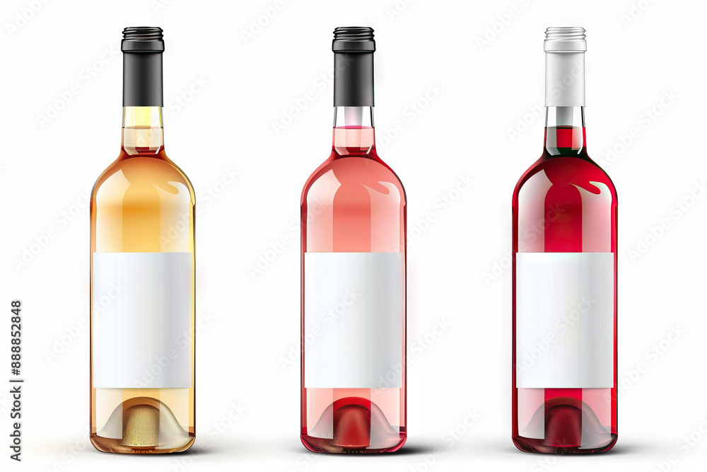 Trio of wine bottles showcasing white, rosé, and red wine varieties with blank labels on a white background. Trio of wine bottles showcasing white, rosé, and red wine varieties with blank labels on a white background.