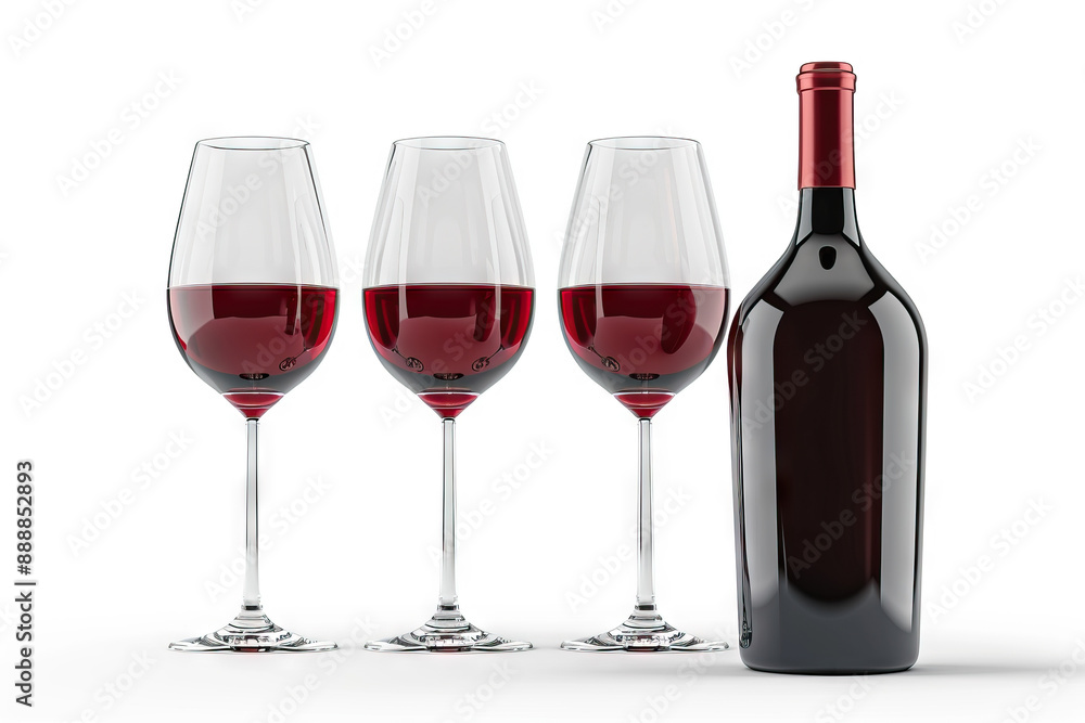 Red wine bottle with four glasses filled, isolated on white background, perfect for wine tasting presentations. Red wine bottle with four glasses filled, isolated on white background, perfect for wine tasting presentations.