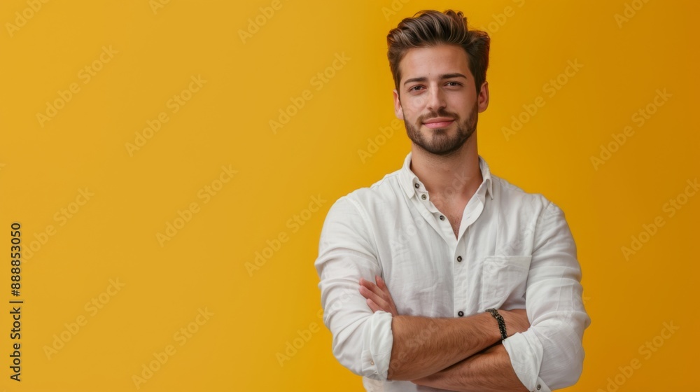 Confident Young Man in Shirt Posing with Crossed Arms on Solid Color Background Confident Young Man in Shirt Posing with Crossed Arms on Solid Color Background