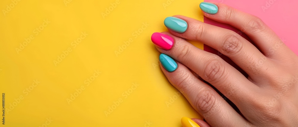 Fototapeta premium A woman's hand with a multicolored manicure holds a yellow and pink nail polish bottle against a matching yellow and pink background